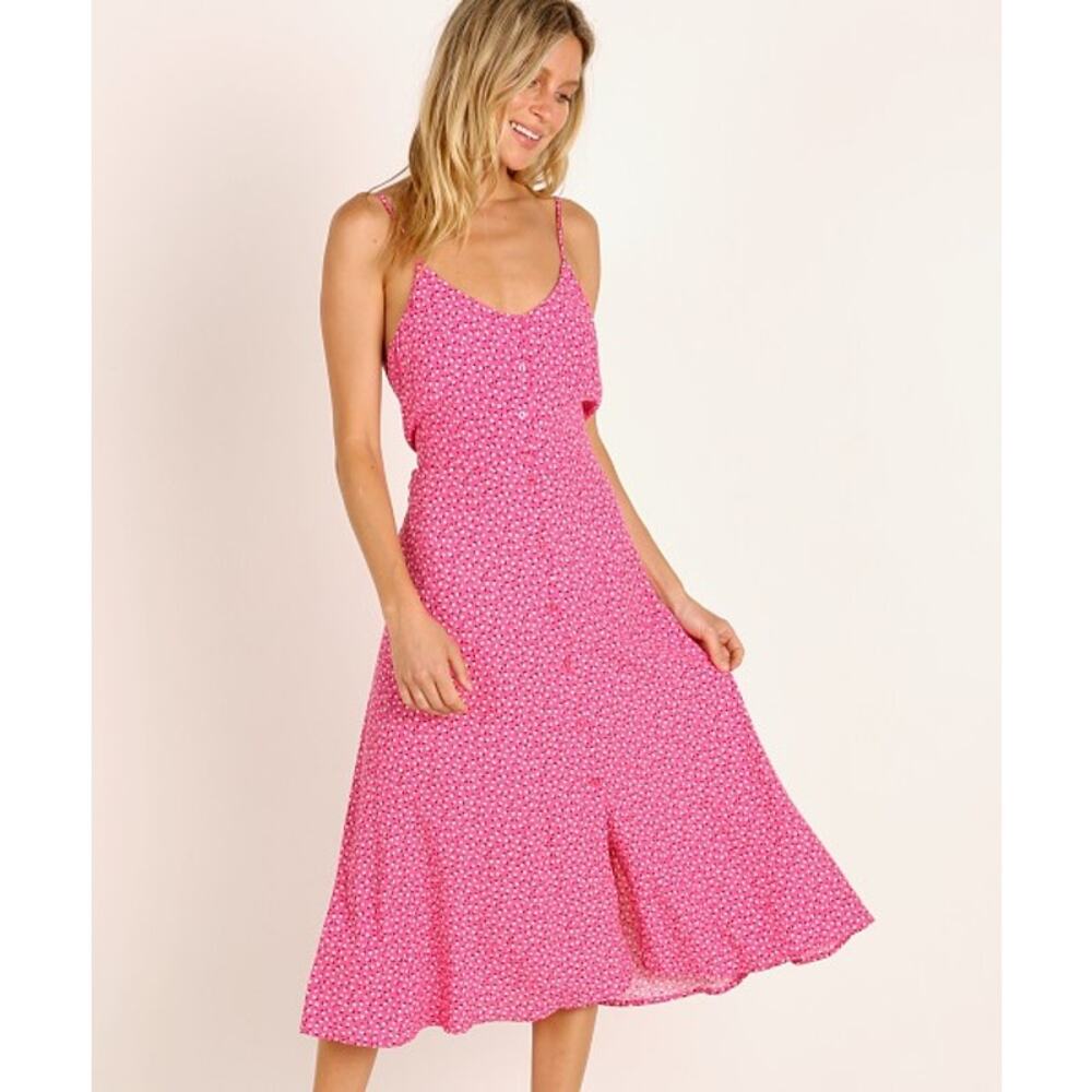 ROLLA'S Hot Pink Midsummer Mini Tulips Button Front Midi Dress S Cottagecore